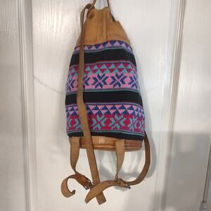 Colorful Woven Drawstring Backpack Bag with Leather Trim Black Pink Brown